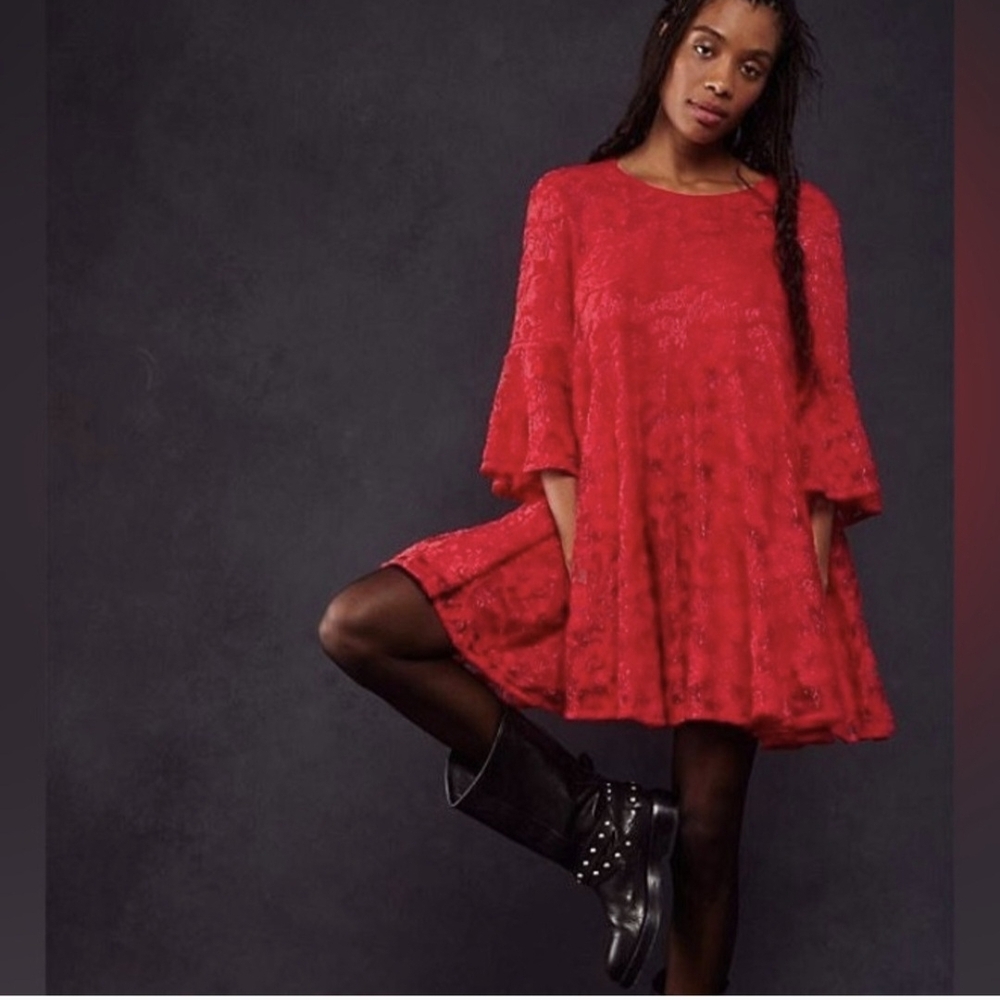 Free People,new With Tag Floral Lace Babydoll Swing Mini Dress Red Chenille Lace